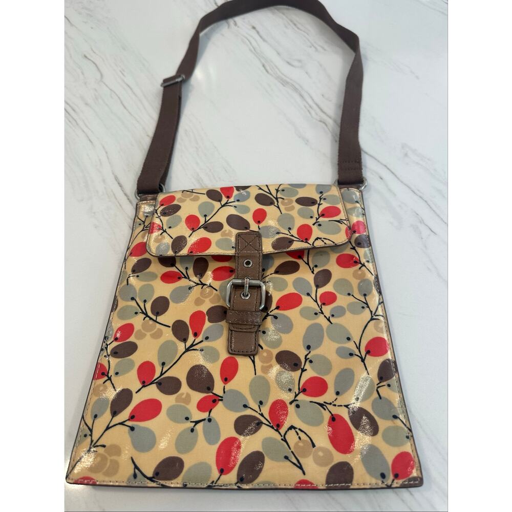Boden Messenger Bag Glossy Coated Canvas Colorful Leaf/Berry Adjustable Strap